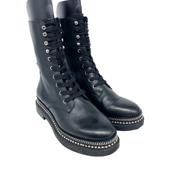 Vince Camuto Branda Black Leather Lace Up Combat Moto Chain Rim Ankle Bootie 9M - Picture 1 of 16